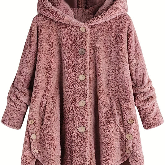 Solid Hooded Button Down Warm Jacket for Fall & Winter