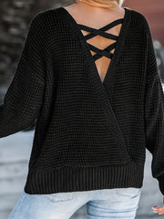 Solid Waffle Pattern Criss Cross Backless Sweater