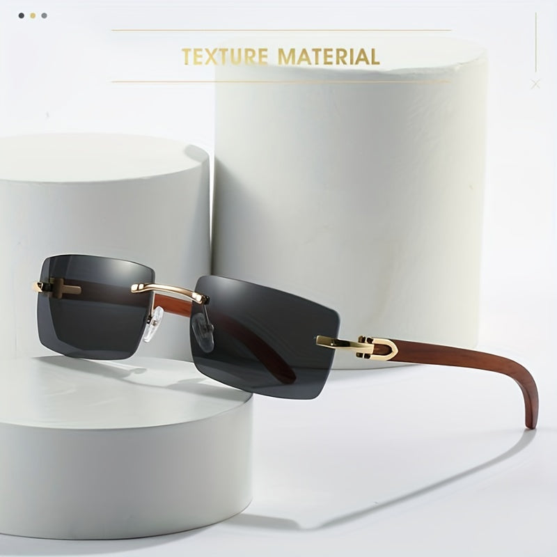 Wood Grain Rectangle Rimless Sunglasses UV400 Sun Shades