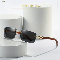 Wood Grain Rectangle Rimless Sunglasses UV400 Sun Shades