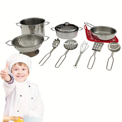 Kids Stainless Steel Pretend Kitchen Set with Cooking Utensils