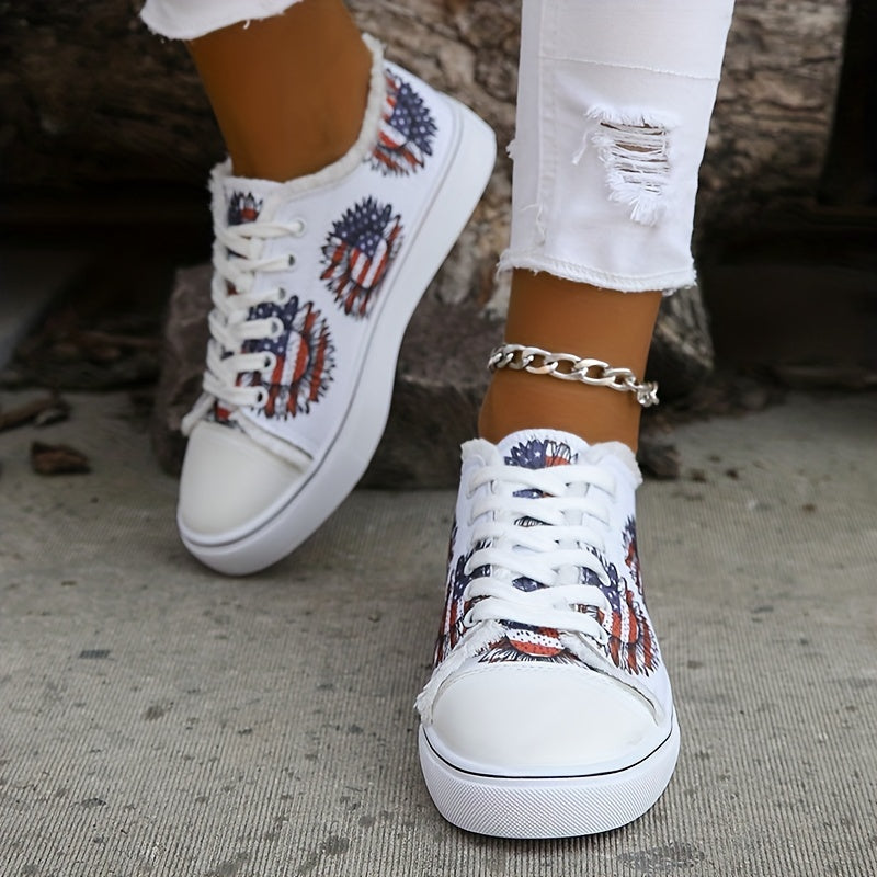 Women's Flag Flower Pattern Canvas Shoes Casual Lace Up Outdoor Shoes