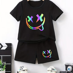 Boys Funny Face Print Casual Outfit T shirt & Shorts Kids Summer Clothes Sets
