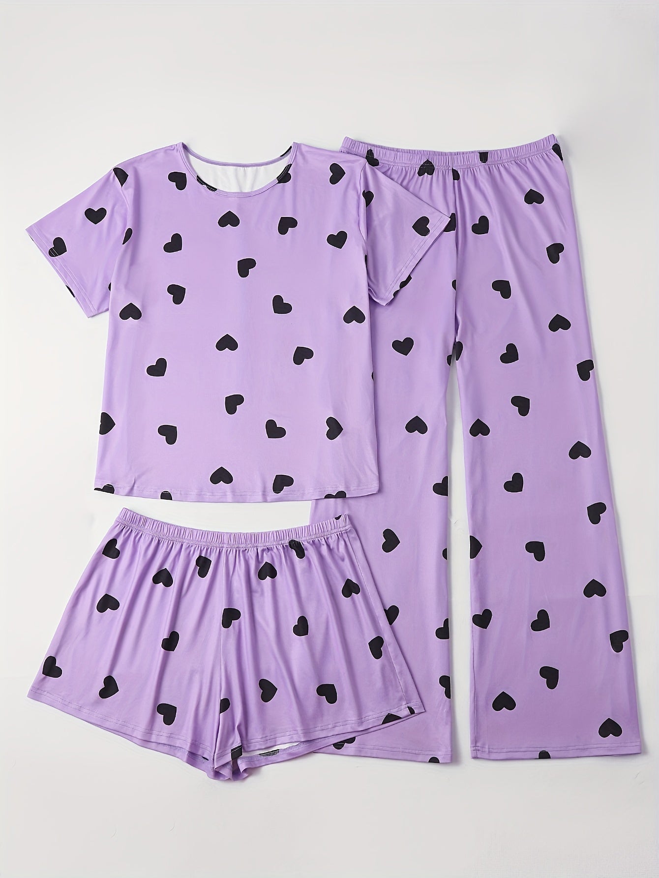  Heart Print Tee & Shorts & Pants Set