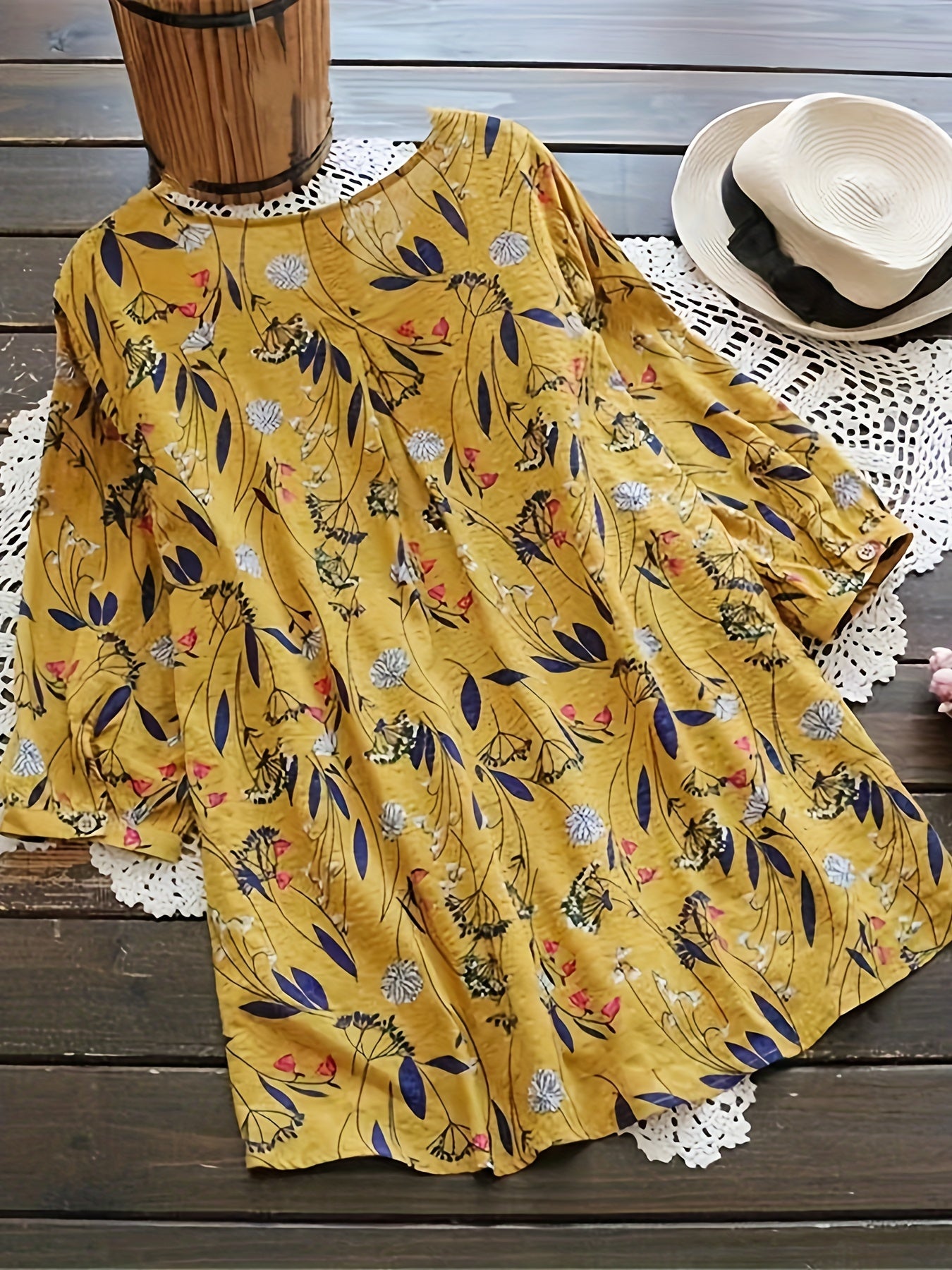  Floral Print Boho Shirt 3/4 Sleeve Ruffled Blouse