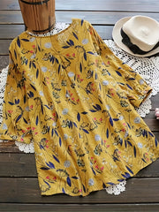  Floral Print Boho Shirt 3/4 Sleeve Ruffled Blouse
