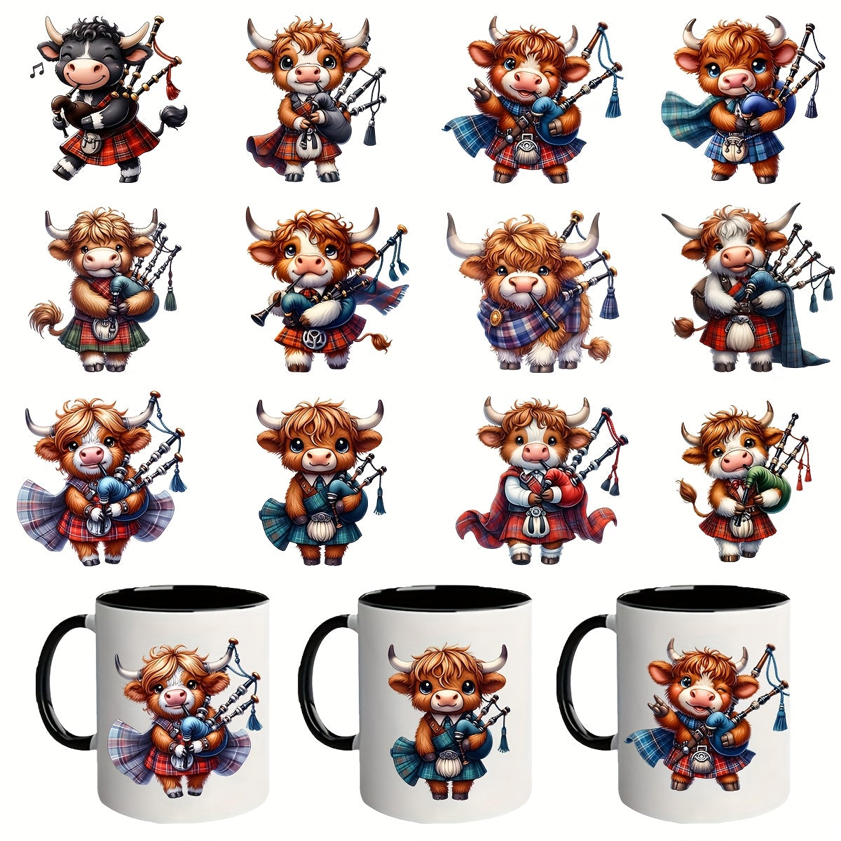 12pcs Scottish Highland Cow UV DTF Cup Wraps Decorative Stickers
