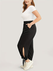 Plus Size Pants Women's Plus Solid High Rise Jogger Trousers With Pockets
