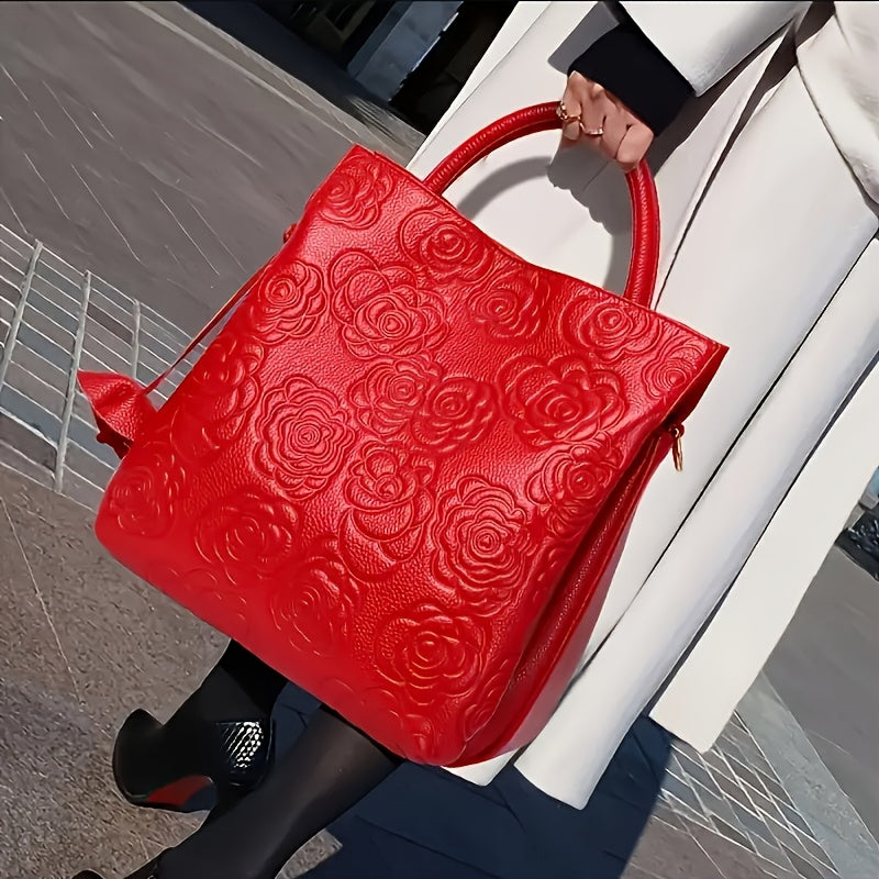 Red Floral Leather Crossbody Bag for Women
