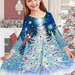 Girls Christmas Tree Print Crew Neck Dress