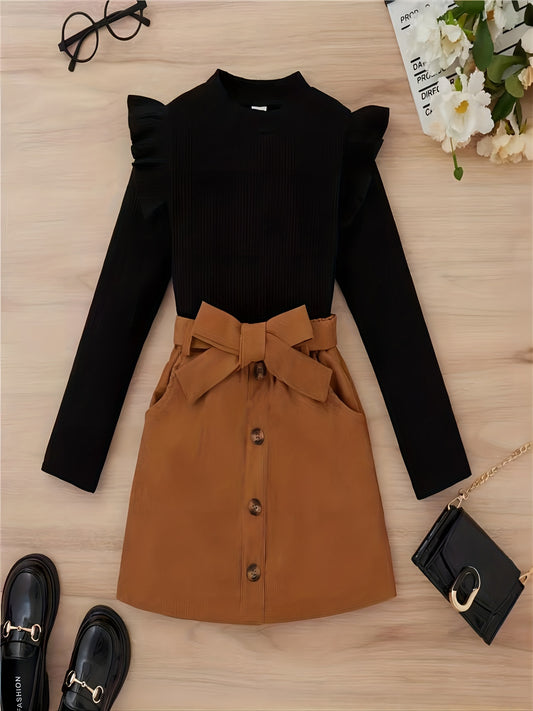 Girl's Corduroy 2pcs Ruffle Top & Skirt Set for Spring Autumn
