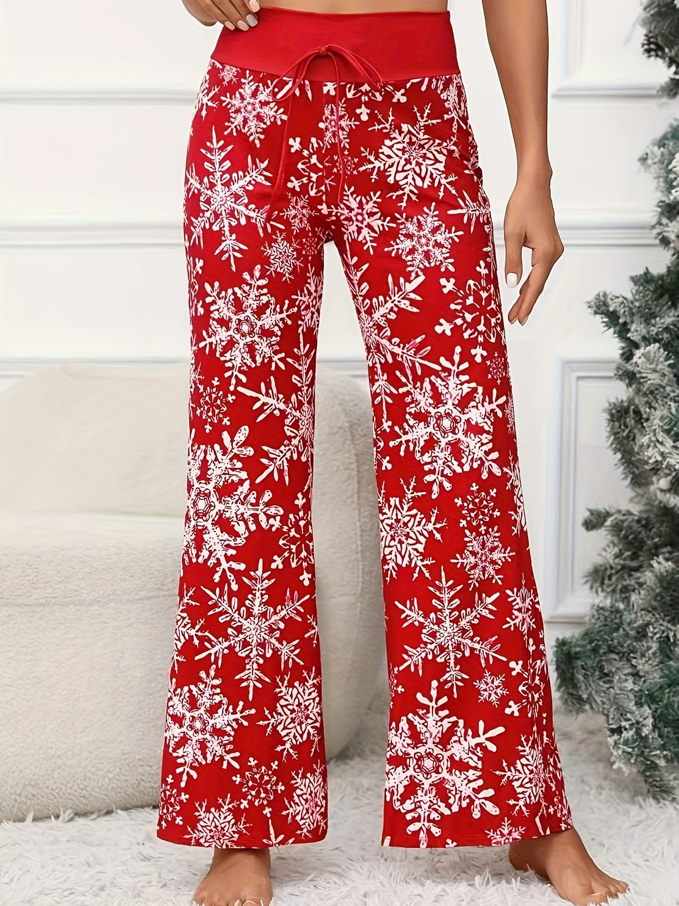  Snowflake Print Drawstring Pants Elastic Trousers