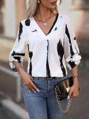  Casual Blouse Women's Plus Brush Print Roll Up Long Sleeve