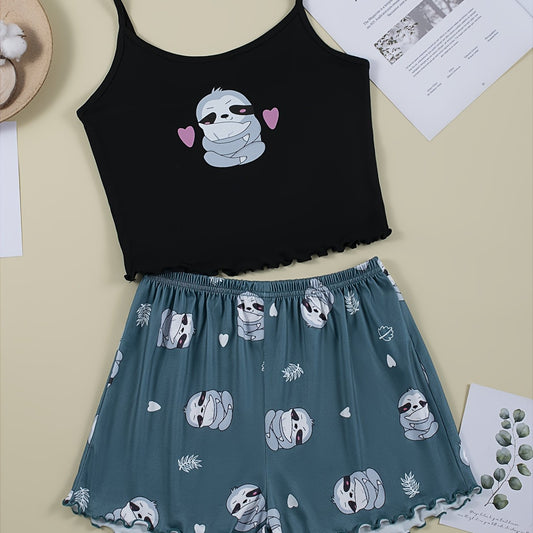 Sloth Print Pajama Set Crew Neck Cami Top & Shorts
