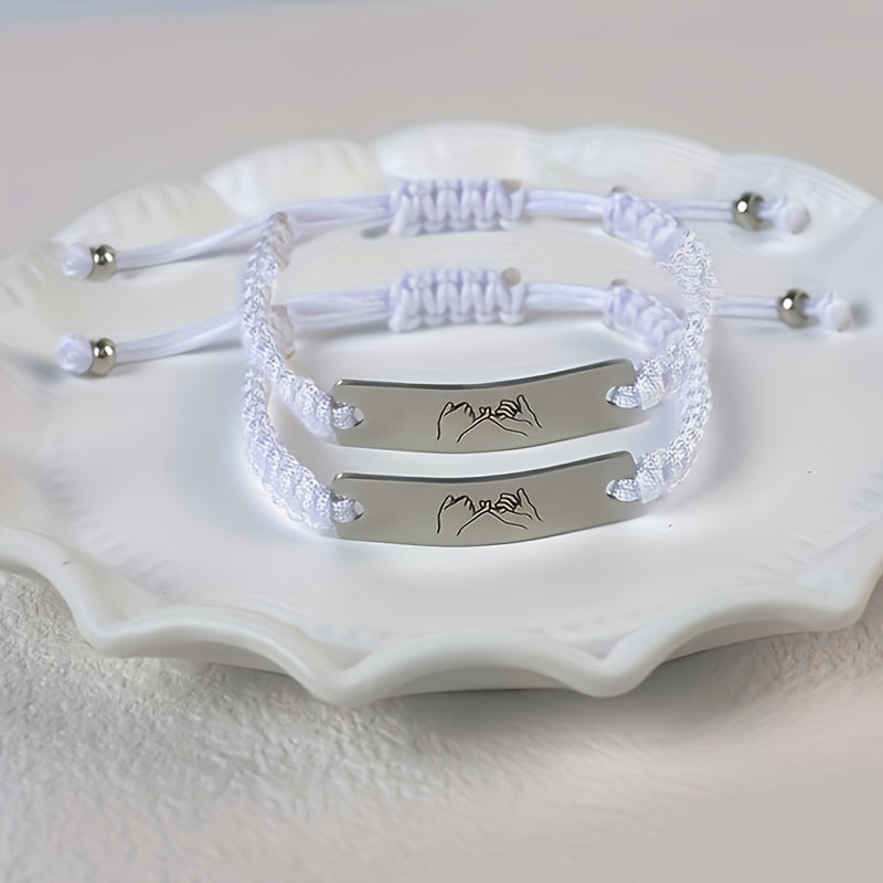 2pcs Valentine's Woven Couple Bracelets with Engraved Tags