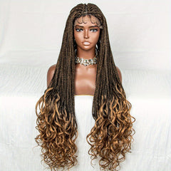 Burgundy Ombre Lace Front Braided Wig with Curly Ends