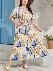  Marble Print Butterfly Sleeve Maxi Smock Dress With Belt