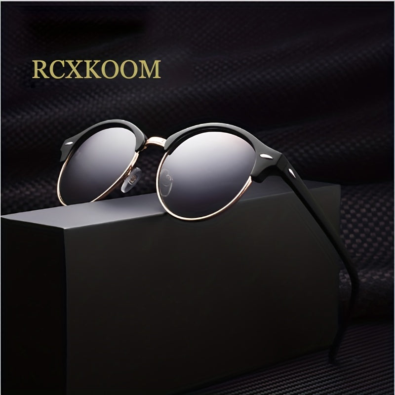 Half Frame Round Polarized Sunglasses Vintage Driving Semi Rimless Eyewear