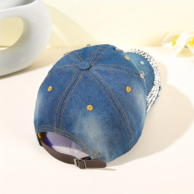 Rhinestone Bow Baseball Cap Denim Sun Hat Classic Sunscreen Dad Hats
