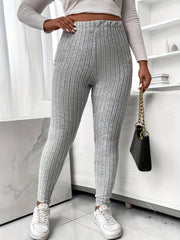 Solid Ribbed High Rise Stretch Skinny Trousers