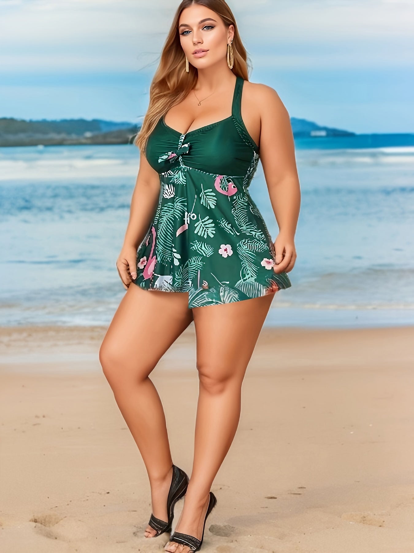  Flamingo & Leaf Print Halter Top Swimsuit Set