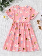 Girls' Bee And Floral Graphic Short Sleeve Skater Dress