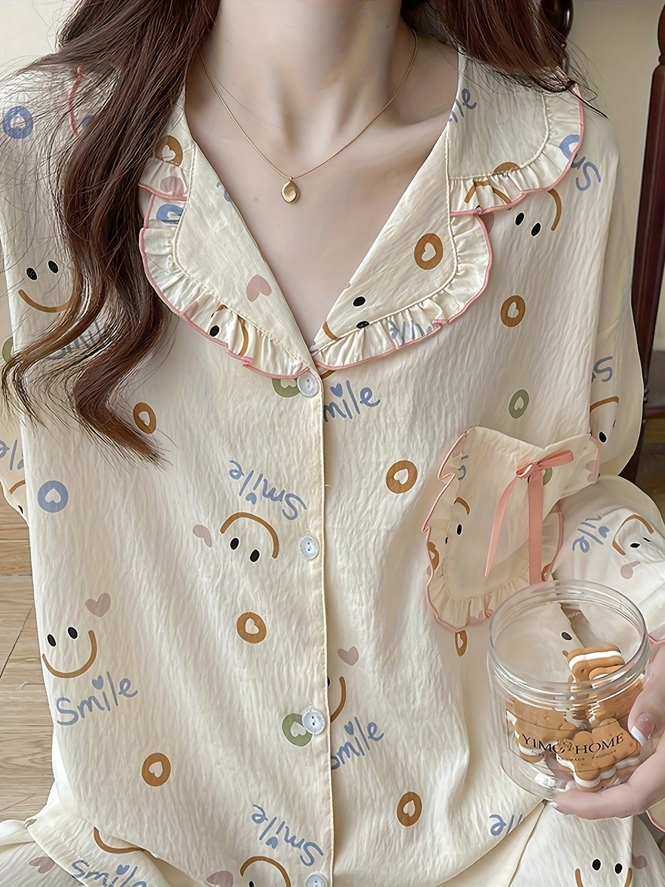 Smiling Face Print Lounge Set Long Sleeve Top & Ruffle Pants