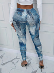 Denim Print Skinny Leggings Stretchy Casual Leggings