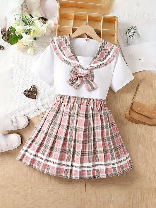 Girl's 2pcs Shirt & Skirts Set Uniform Preppy Style Casual Outfits