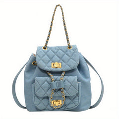 Minimalist Denim Backpack Solid Turn Lock Chain Daypack