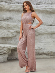 Sequined Cut Out Waist Jumpsuit Sexy Wide Leg Sleeveless