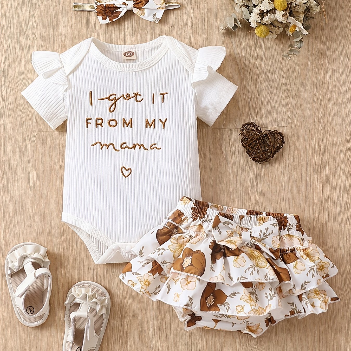 3pcs Baby Girl Outfit Mama Onesie Floral Skort & Headband Set