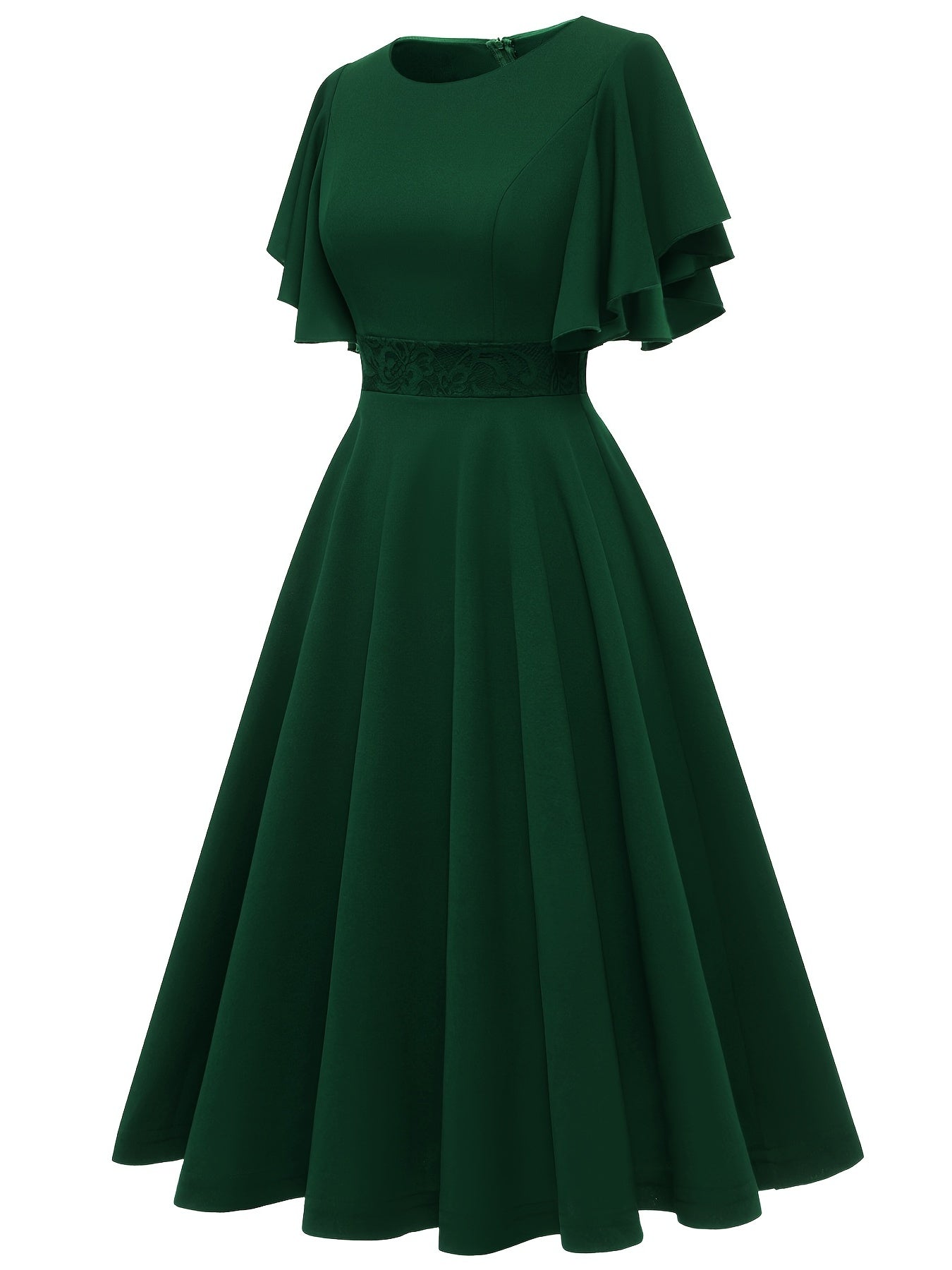 Ruffle Sleeve Slim Dress Zip Back Crew Neck