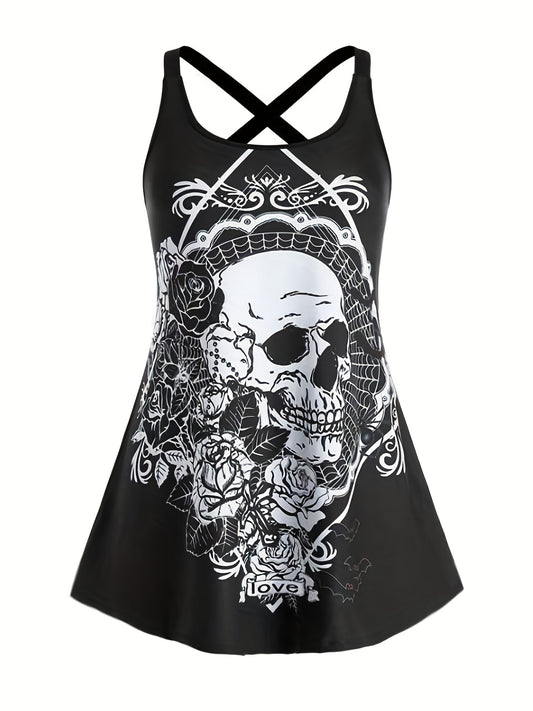 Skull & Flower Print Gothic Tank Top Sleeveless Summer Women's Clothing
