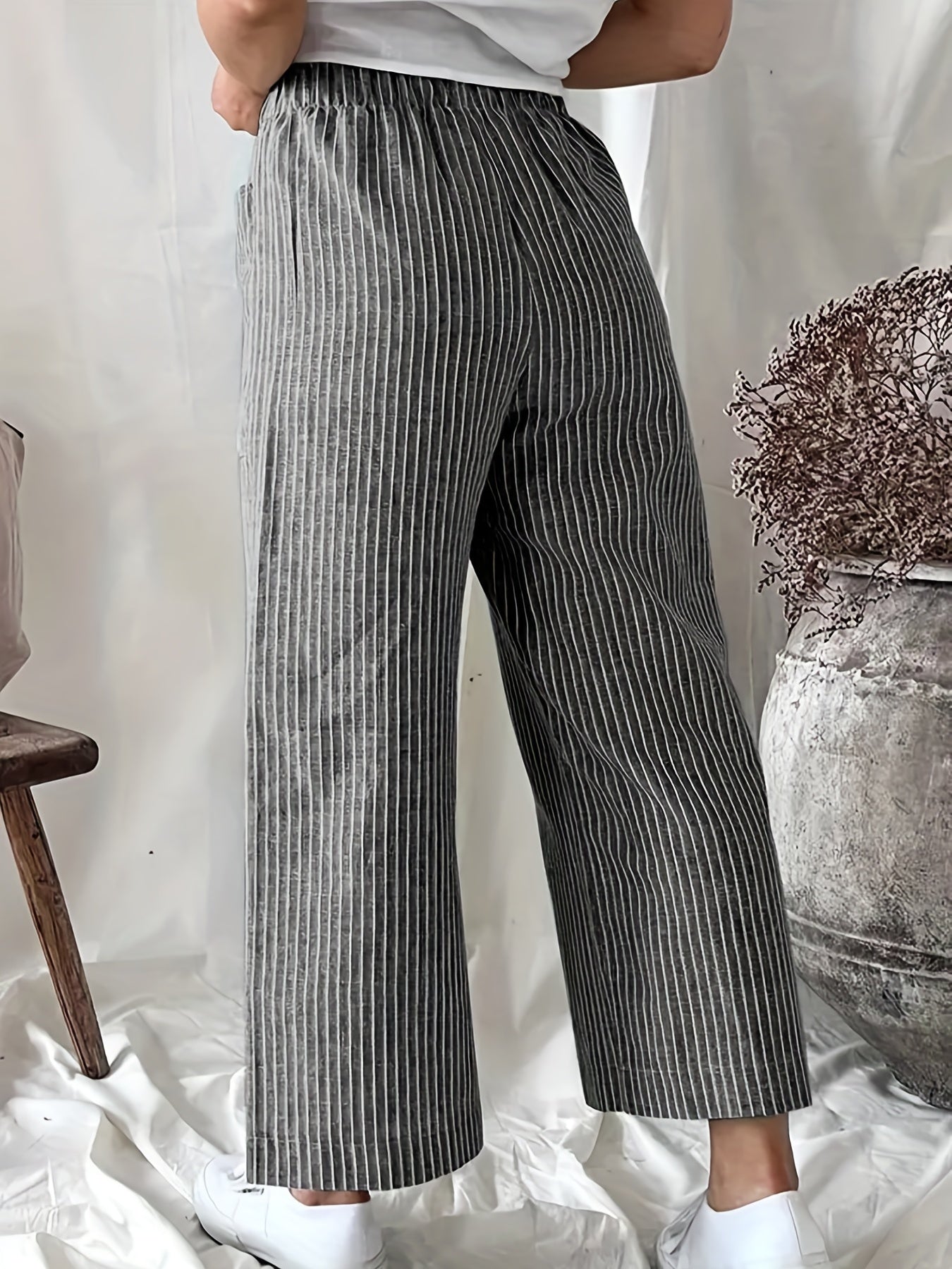  Casual Pants Women's Stripe Print High Rise Straight Leg Pants