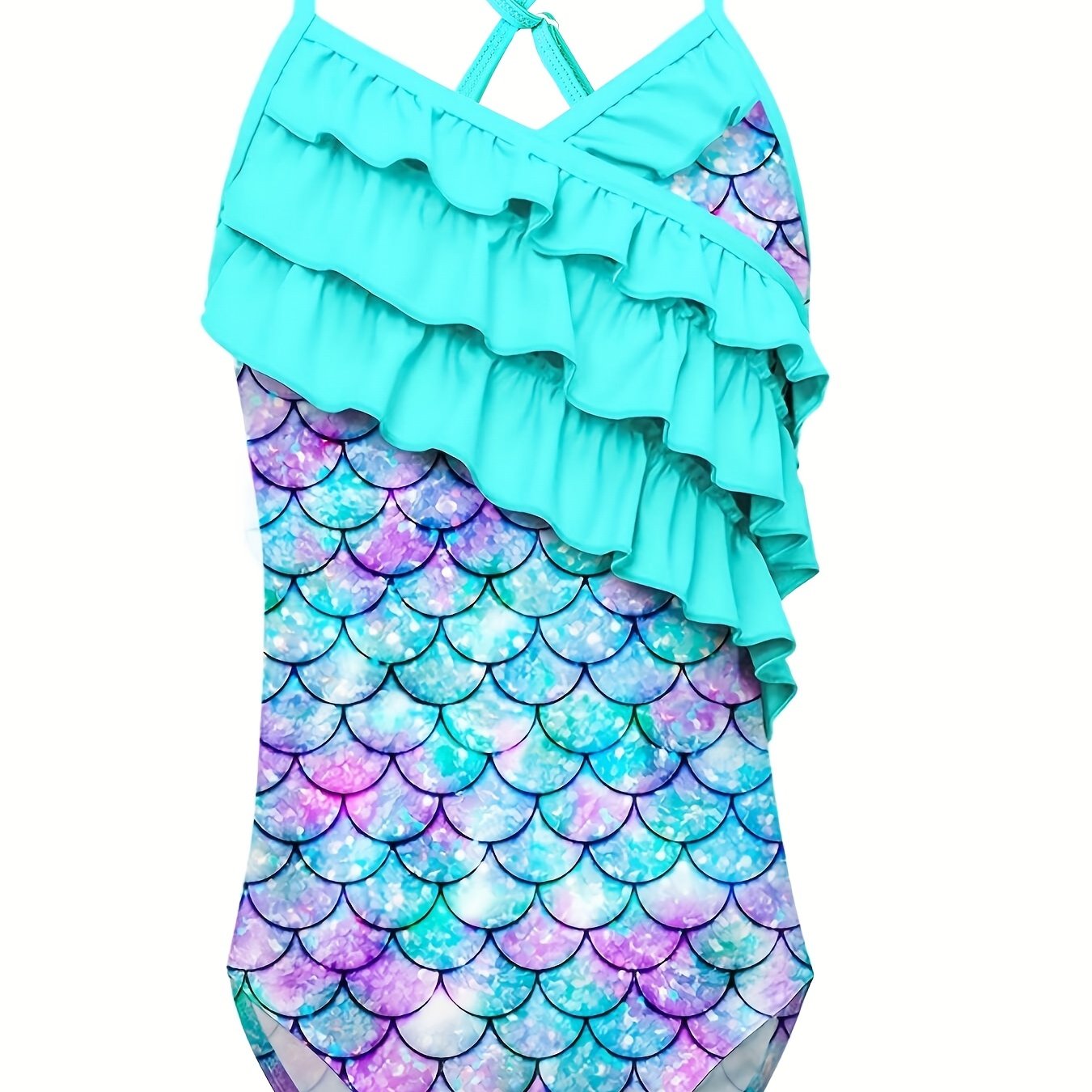 Mermaid Swimsuit with Lotus Leaf Edge and Fish Scale Print