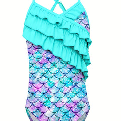 Mermaid Swimsuit with Lotus Leaf Edge and Fish Scale Print