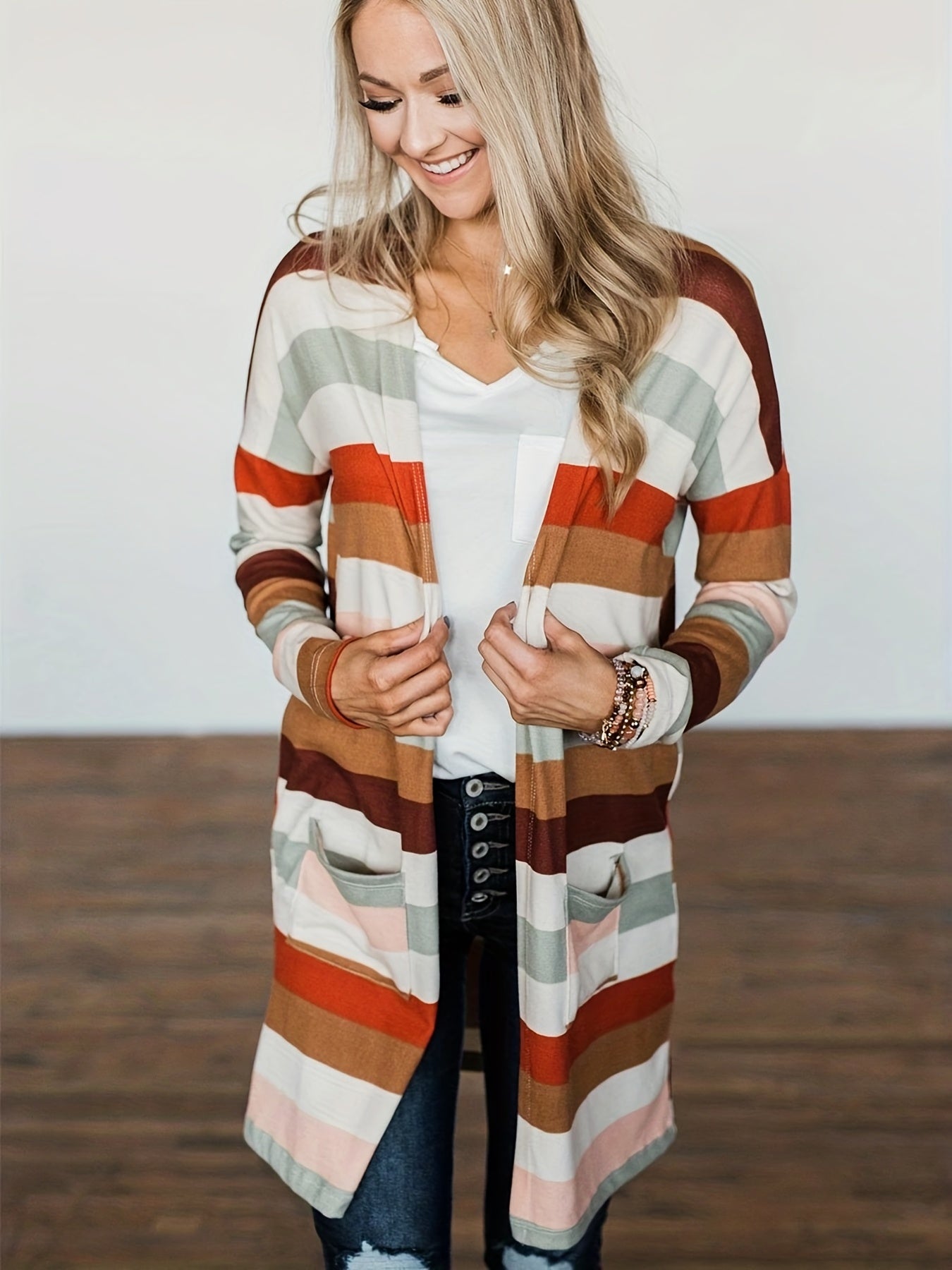  Colorblock Stripe Print Cardigan