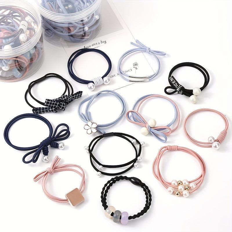12 Pcs Girls Hair Tie Flower Faux Pearl Colorful Elastic Scrunchie Ponytail