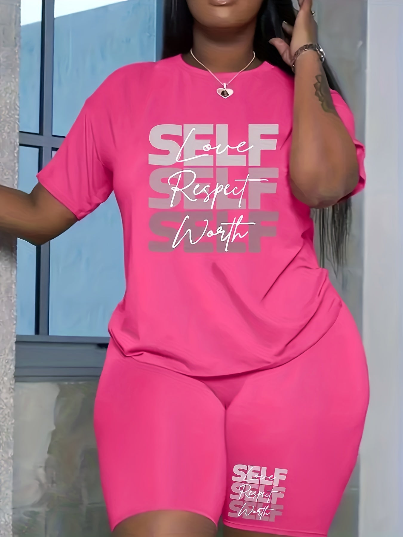  Art Letter Print Tee & Biker Shorts Pajamas Set