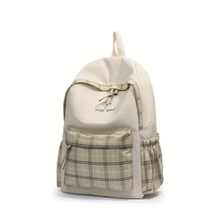 Khaki Plaid Pattern Backpack College Large Capacity School Bag