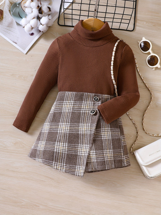 2pcs Girls Long Sleeves High Neck Top & Plaid Skirt Set