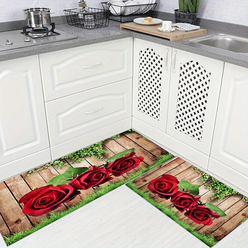 2pcs Kitchen Decor Area Rug Wooden Panel Rose Pattern Kitchen Floor Mat