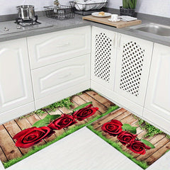2pcs Kitchen Decor Area Rug Wooden Panel Rose Pattern Kitchen Floor Mat
