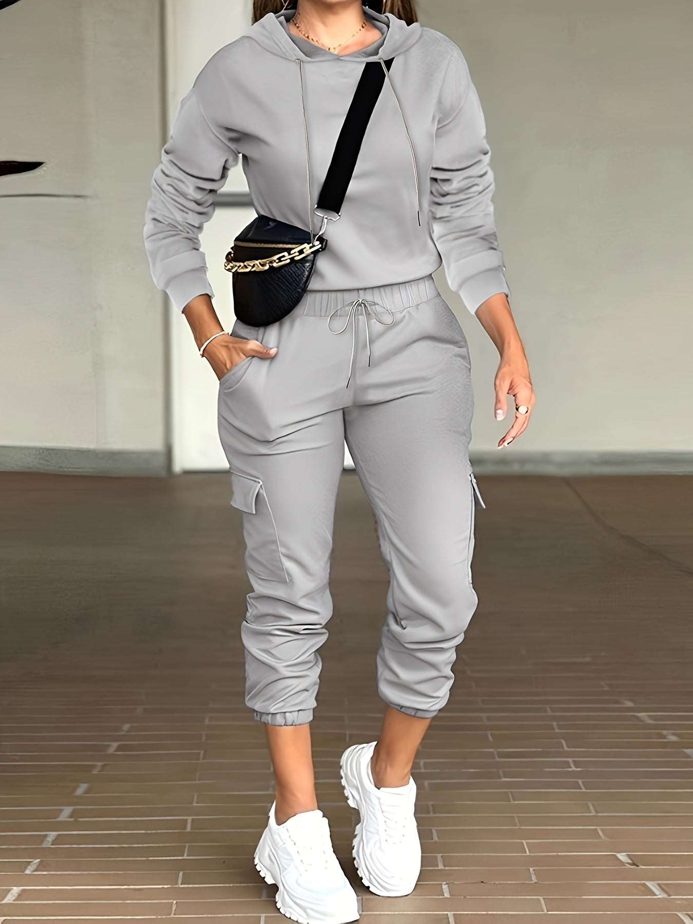  Women's Solid Hoodie & Cargo Joggers Set