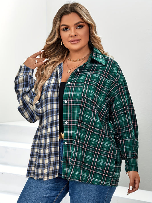  Casual Blouse Women's Plus Colorblock Plaid Print Long Sleeve