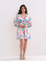  Floral Print Lantern Sleeve Dress With Belt