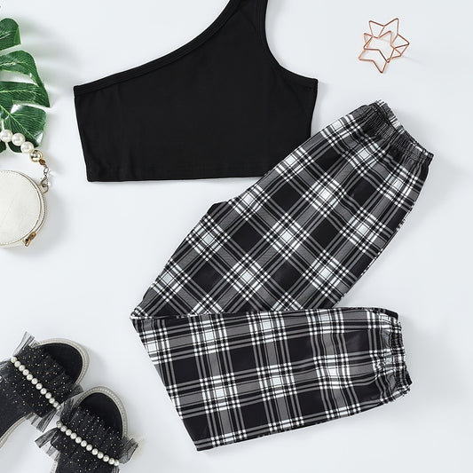 Girls Cold Shoulder Tank Top and Plaid Pants Set