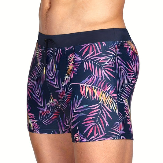 Leaves Print Quick drying Drawstring Men's Swim Trunks