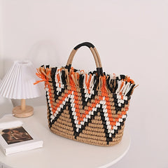 Woven Striped Tote Bag Lightweight Satchel Bucket Bag